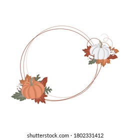Pumpkin Wreath, Autumn Fall Leaves Circle Frame Decorative with cotton flowers vector illustration