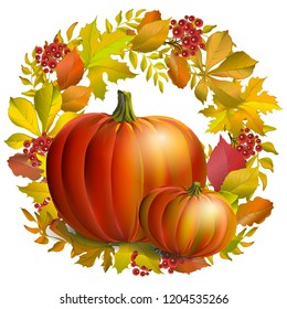 Pumpkin in a wreath of autumn leaves and berries. Vector illustration.