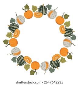 Pumpkin wreath. Pumpkin harvest circle frame flat vector design. Autumn round frame with various colorful pumpkins for seasonal decoration, invitation, greeting card, and Thanksgiving design projects.