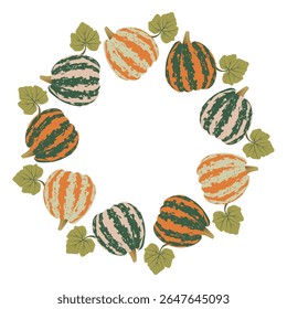 Pumpkin wreath. Pumpkin harvest circle frame flat vector design. Autumn round frame with various colorful pumpkins for seasonal decoration, invitation, greeting card, and Thanksgiving design projects.