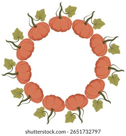 Coroa de abóbora. Moldura de círculo de colheita de abóbora. Quadro redondo de outono com cabaças vermelhas para cartão de saudação sazonal, convite, cartão postal, Ação de Graças e design de Halloween. Design vetorial isolado no branco.
