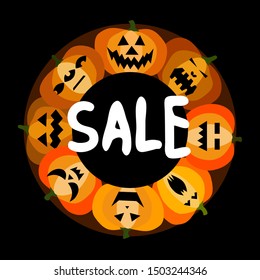 Pumpkin wreath with scary, terrible, funny faces for Happy Halloween. Wreath in orange, black, white colors for your posters, banners, backgrounds, sales, advertising, postcards - Vector illustration