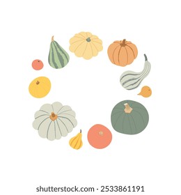 Pumpkin wreath vector illustration. Variety of pumpkins, squashes and gourds in flat style isolated on white background. Circle composition with harvest vegetables