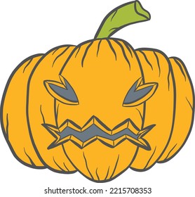 Pumpkin with yellow halloween monster face and green stalk