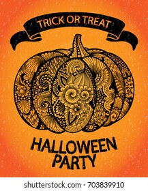 Pumpkin in zen-tangle or zen-doodle style, ornate vegetable with floral motifs for flyers, banners or creative post card on celebrating Halloween. Card template