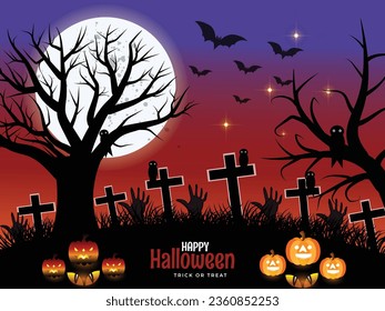 Pumpkin zombie hands full moon background in flat design 07