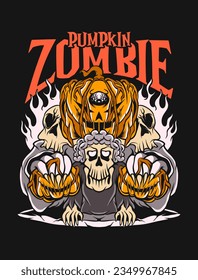 Pumpkin Zombie Vector T-shirt Design, Monster Pumpkin Graphic Illustration, Spooky Halloween Zombie Artwork Design for Clothing Apparel