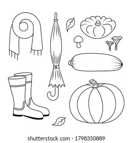 pumpkin, zucchini, squash, mushrooms, umbrella, scarf, boots, harvesting set vector. Doodle vector illustration for printing, greeting cards, posters, stickers, textile and seasonal design.