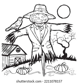 A pumpkin-faced scarecrow uses a tuxedo on a field with a coffin.