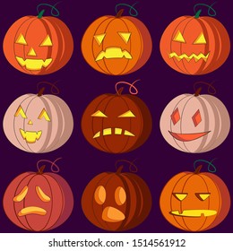 pumpking emotion set Happy Halloween. . Cute cartoon spooky character.  Vector illustration