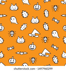Pumpkin,ghost,witch hat,cat,bat,spider on orange background.