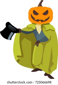 A pumpkin-headed man wearing a green cape and gesturing with a black top hat.