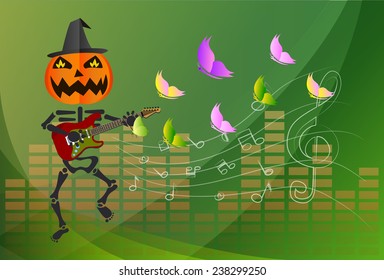Pumpkin-headed skeleton, playing guitar.