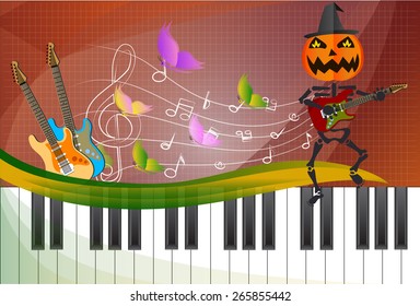 Pumpkin-headed skeleton, playing guitar.