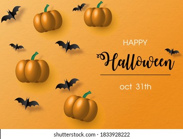 Pumpkins in 3d with bats flying in paper cut style and the day and name of event on orange background. Greeting card and poster of Halloween day in vector design.