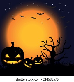 pumpkins against a dark background with the moon and bats