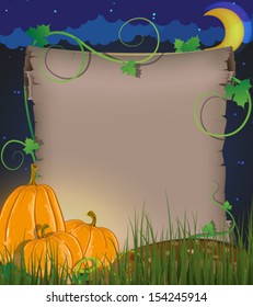 Pumpkins and ancient parchment against the night sky. Halloween invitation