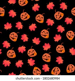 Pumpkins with angry face on a black background with maple red leaves. Seamless pattern for Halloween