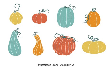 Pumpkins with antennae simple elements collection. Autumn harvest flat isolated set. Different squash vegetables in trendy flat design.