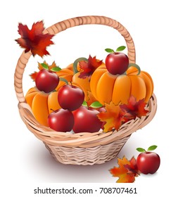 Pumpkins and apples in a basket. Autumn season concept Vector realistic ripe fruits