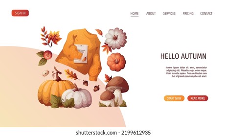 Pumpkins, apples, mushrooms, autumn leaves, warm sweater. Autumn, harvest, thanksgiving day, fall concept. Vector illustration. Website banner template.