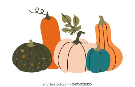 Calabazas. Composición de otoño con calabazas. Verduras frescas. Cosecha. Invitación al Día de Acción de Gracias de la temporada de otoño. Ilustración plana de dibujos animados de Vector aislada en el fondo blanco.