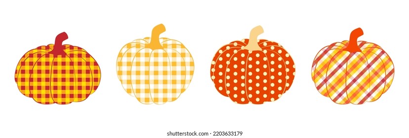 Pumpkins in Autumn different plaid and polka dots. Isolated elements on white. Clip art design for cards, invitations, decoration for Thanksgiving, Halloween, harvest season, scrapbooking, home decor.