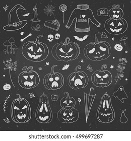 Pumpkins and autumn doodles hand drawn on a chalkboard. Vector illustration with carved pumpkins and Halloween doodles.