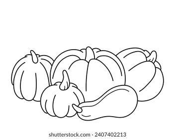 Calabazas. Otoño, Halloween. Ilustración vectorial en blanco y negro. Libro de colorear.