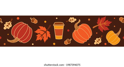 
Pumpkins, autumn leaves, acorns and cup of pumpkin spice drink. Vector border seamless pattern on a dark brown background. Design ribbon.
