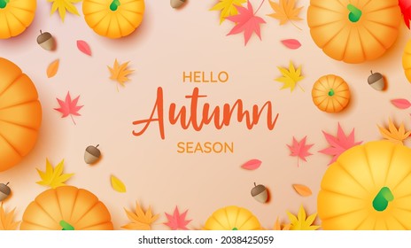 Pumpkins with autumn leaves background vector illustration