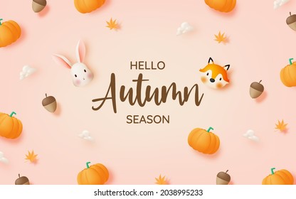Pumpkins with autumn leaves background vector illustration