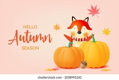 Pumpkins with autumn leaves background vector illustration