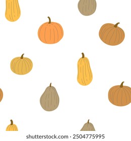 Pumpkins, autumn leaves, background, vector seamless pattern