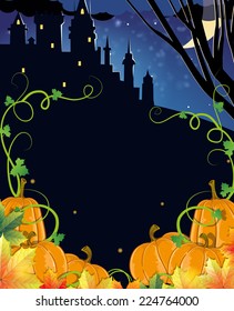 Pumpkins with autumn leaves near the old haunted castle. Halloween night scene 