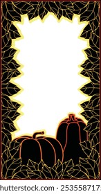 Pumpkins and Autumn leaves on black background vertical frame, template for social networks - vector image for background, frame of pumpkins and autumn leaves