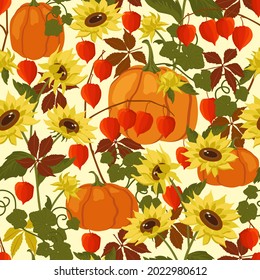 Pumpkins, autumn leaves, physalis and yellow sunflowers on pastel background. Autumn design seamless pattern. The vector illustration is scalable to any size. For fabric, covers, wallpaper, packaging