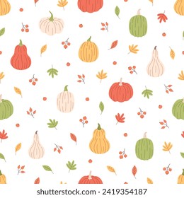 Pumpkins with autumn leaves seamless pattern. Hello autumn, autumn harvest, farming. Flat, hand drawn texture for wallpaper, textile, fabric, paper. Vector illustration in flat style