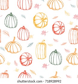 pumpkins and autumn leaves seamless pattern on white background freehand drawing , vector