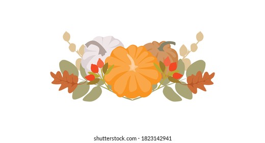 Pumpkins and autumn leaves. Sticker, postcard, banner, invitation, print. Item for packaging. Place for your text. For pumpkin products. Flat vector illustration on isolated background.