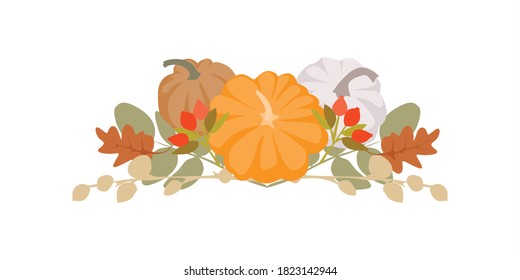 Pumpkins and autumn leaves. Sticker, postcard, banner, invitation, print. Item for packaging. Place for your text. For pumpkin products. Flat vector illustration on isolated background.