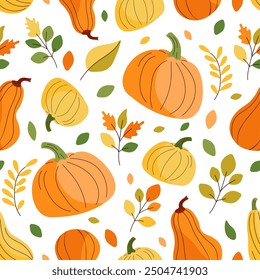 Pumpkins and autumn leaves. Vector seamless pattern on white background.