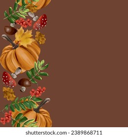 Pumpkins, autumn maple leaves, rowan berries, mushrooms. Vector vertical seamless border. Autumn sales, greeting cards, banners, flyers, invitations.