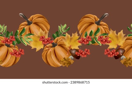 Calabazas, hojas de arce de otoño, bayas de rowan, setas. Borde transparente vectorial en forma de onda. Ventas de otoño, tarjetas de felicitación, pancartas, volantes.