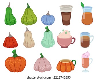 Pumpkins and autumn seasonal drinks vector illustrations set. Collection of cartoon drawings of pumpkins, cups and glasses of coffee, latte on white background. Autumn or fall, seasons, coffee concept