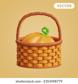 pumpkins in the basket 3D vector icon set, on a light brown background