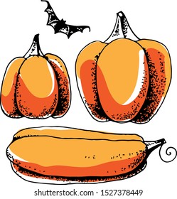 Pumpkins and bat ink sketch isolated on white background. Hand drawn vector illustration in retro style.