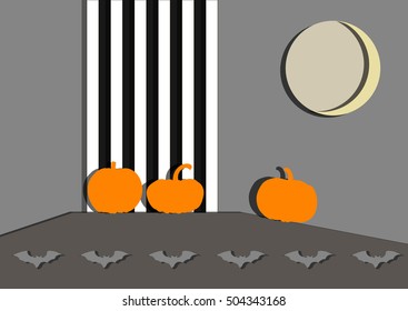 Pumpkins, bat and the Moon on the Halloween postcard. Flat vector illustration
