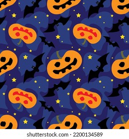 Pumpkins and bats against a dark blue night sky with bright stars. Seamless pattern, Halloween print. Vector illustration