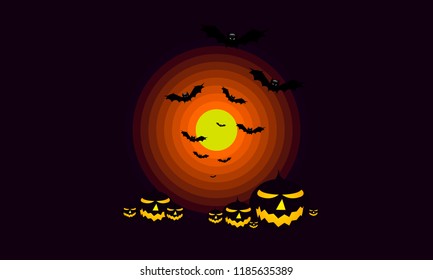 Pumpkins and bats in the background of the moon